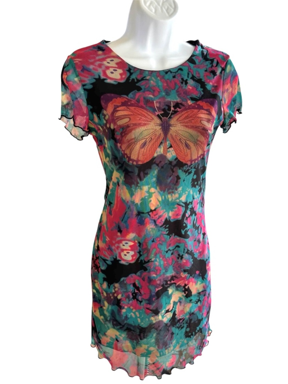Y2K Butterfly Print Mesh Mini Dress Bodycon Sheer Floral Delias DollsKill